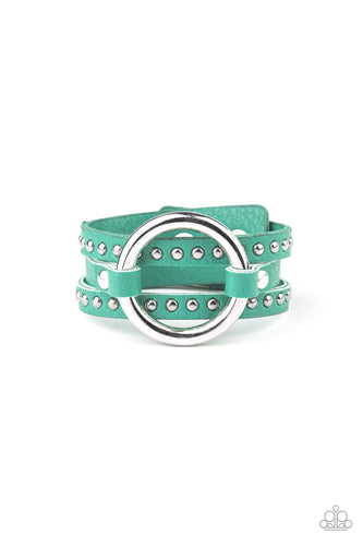 Green Leather Snap Bracelet with Silver Studs